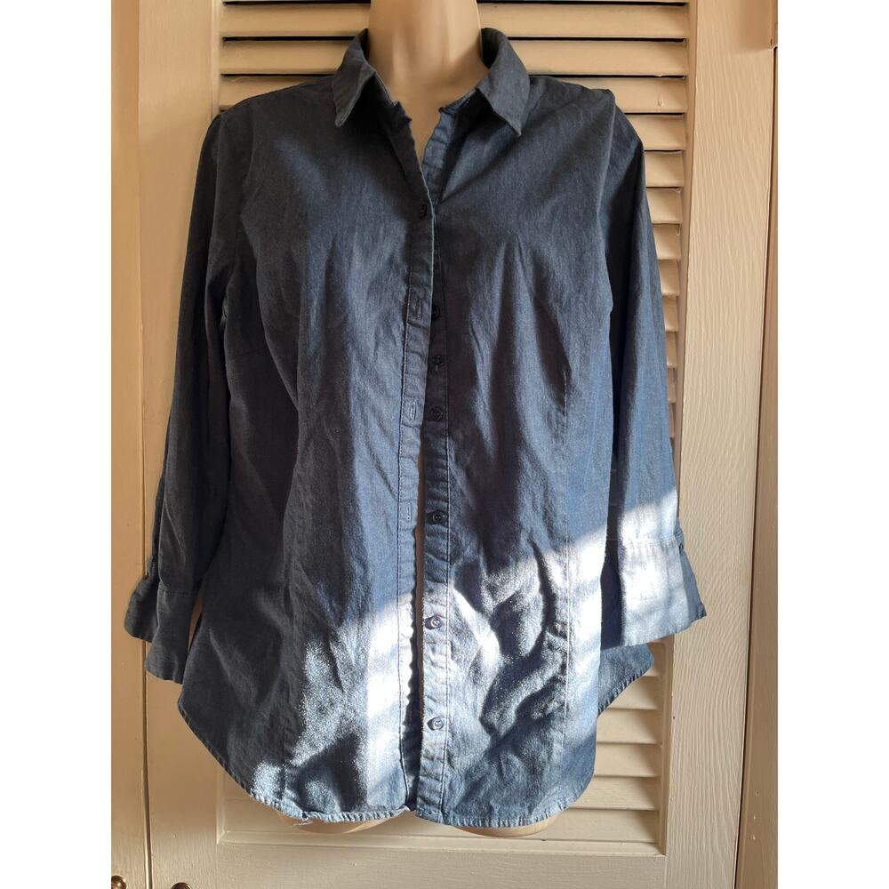 7th‎ Avenue Design Studio New York & Company denim blouse L cuffed sleeves